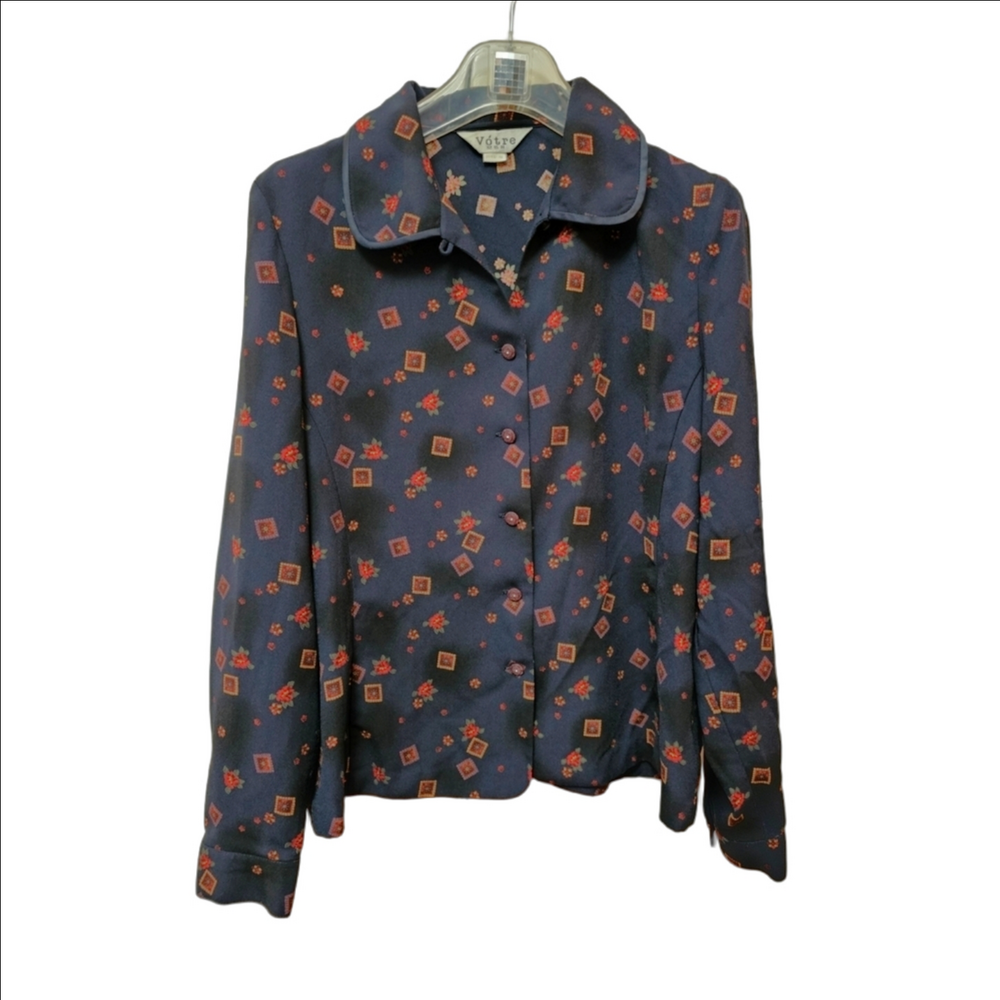 Vintage 70's multicolor blue shirt, boho floral blouse